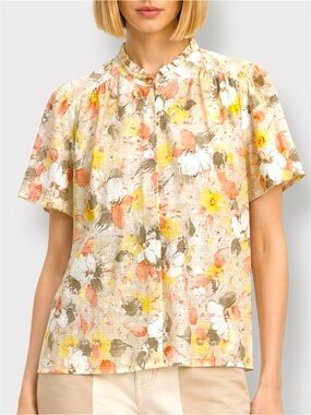 Vintage D’Alliard’s Floral Ruffle Collar Blouse Peach Yellow Cottagecore Top M